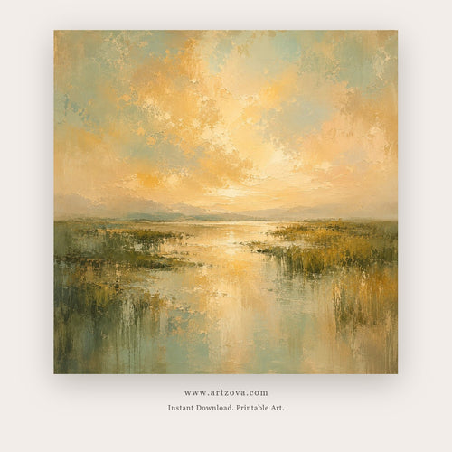 Amber Marsh painting - a luminous amber sky reflected across a quiet marsh and distant horizon, in golden yellow and sage green