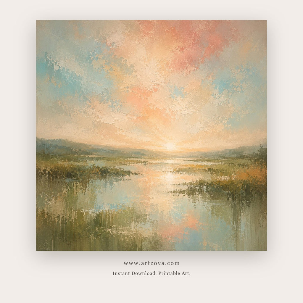 Pastel Horizon painting - a glowing waterside horizon dissolving into peach and aqua brushwork, in aqua and peach