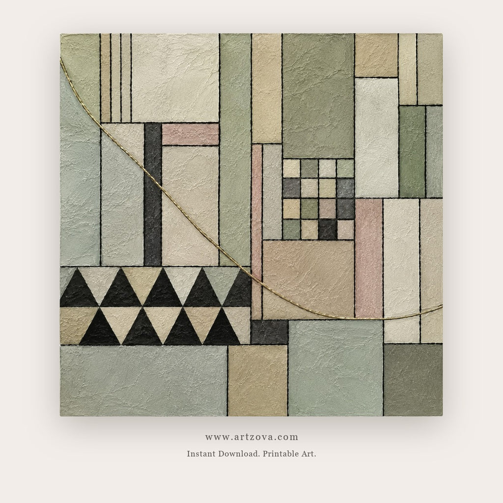 Bauhaus Echoes painting 1 of 2 - a gridded geometric abstraction with circles, lines and triangles, in sage green and blush pink