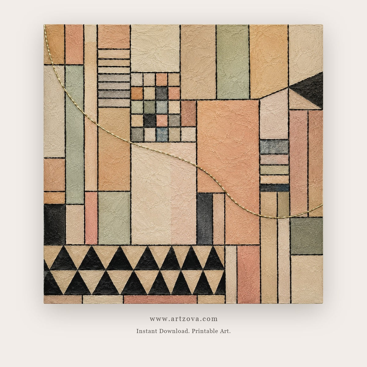 Bauhaus Echoes painting 2 of 2 - a coordinated gridded geometric abstraction with circles, lines and triangles, in sage green and blush pink