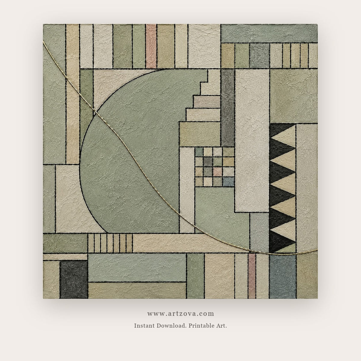 Sage Geometry painting - layered arches, steps and fine linear blocks in muted sage tones, in sage green and ivory