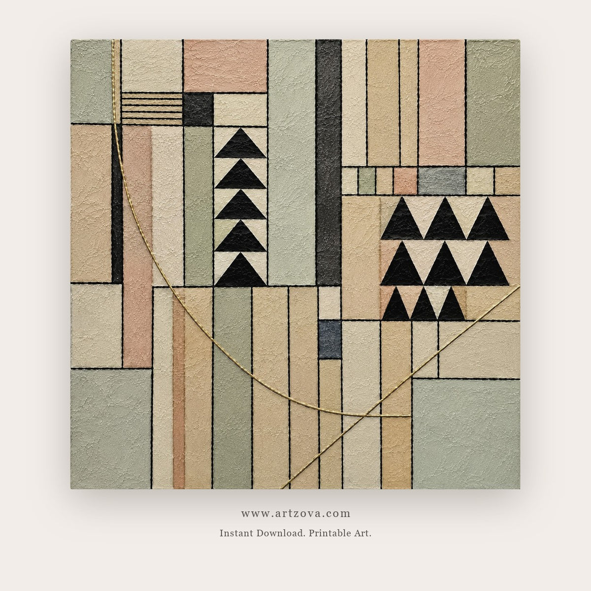Balanced Grid painting - an intricate pastel grid with black triangles, circles and fine lines, in sage green and blush pink