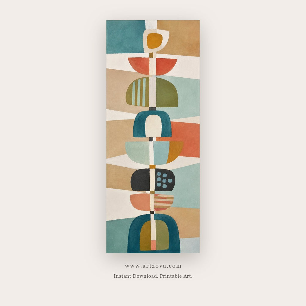 Totem Rhythm painting 1 of 4 - a stacked geometric totem built from arches, blocks and circles, in coral and teal