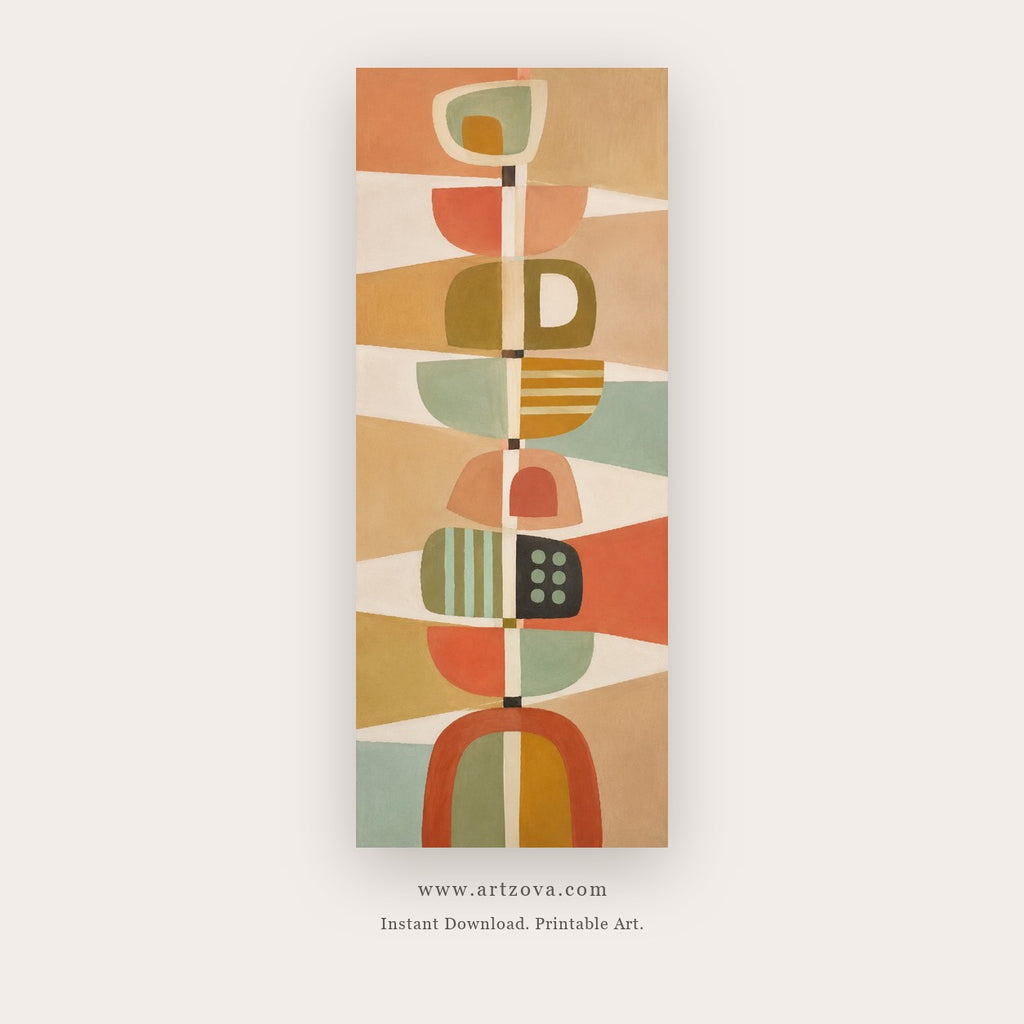 Totem Rhythm painting 2 of 4 - a stacked geometric totem built from arches, blocks and circles, in coral and teal