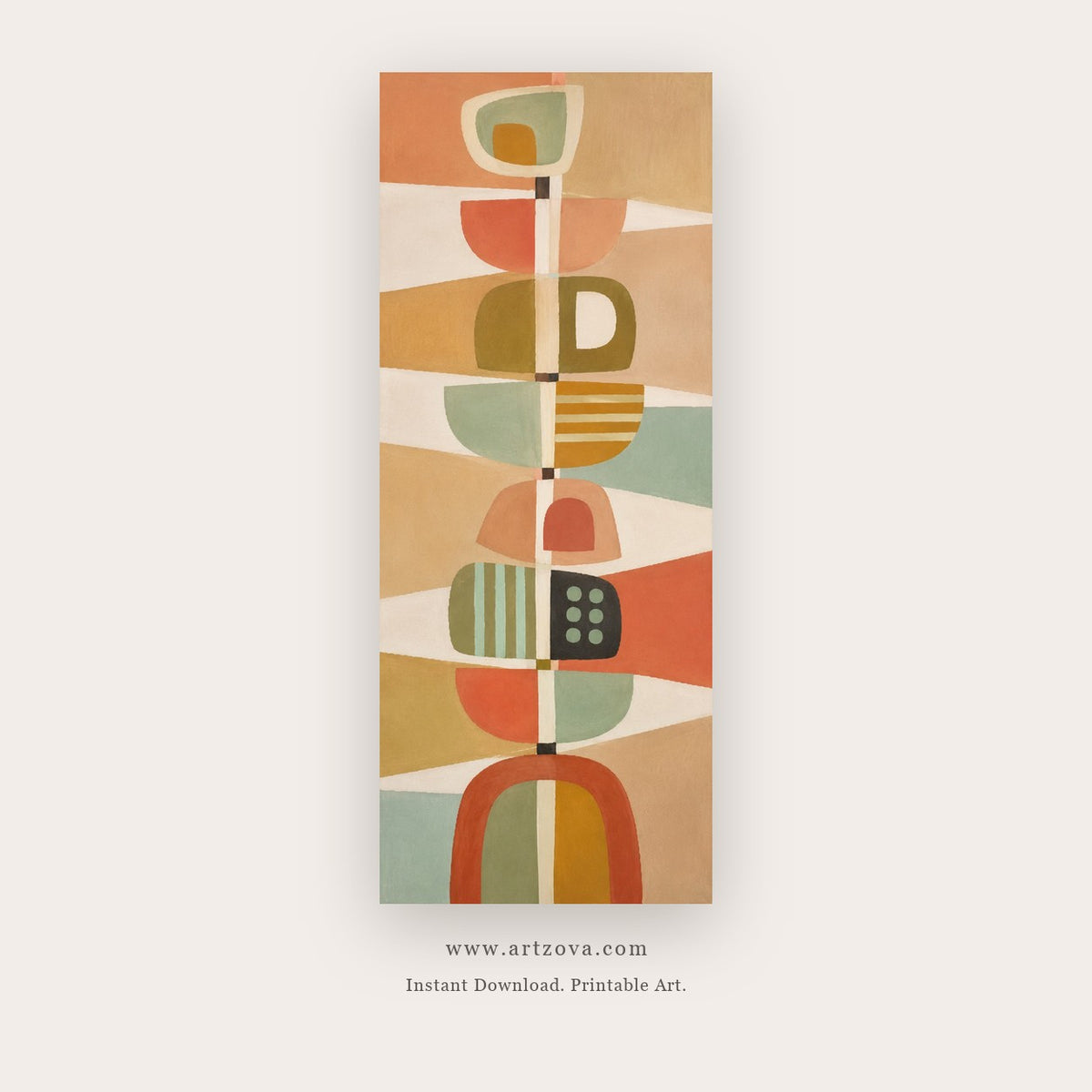 Totem Rhythm painting 2 of 4 - a stacked geometric totem built from arches, blocks and circles, in coral and teal