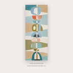 Totem Rhythm painting 3 of 4 - a stacked geometric totem built from arches, blocks and circles, in coral and teal
