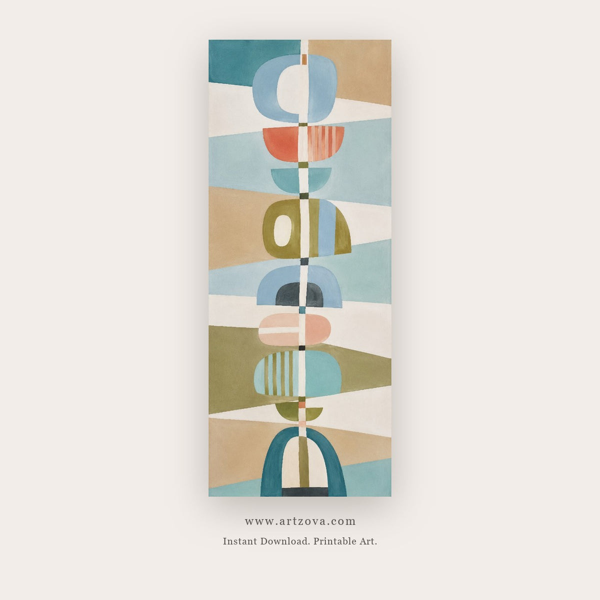Totem Rhythm painting 3 of 4 - a stacked geometric totem built from arches, blocks and circles, in coral and teal