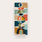 Totem Rhythm painting 4 of 4 - a stacked geometric totem built from arches, blocks and circles, in coral and teal