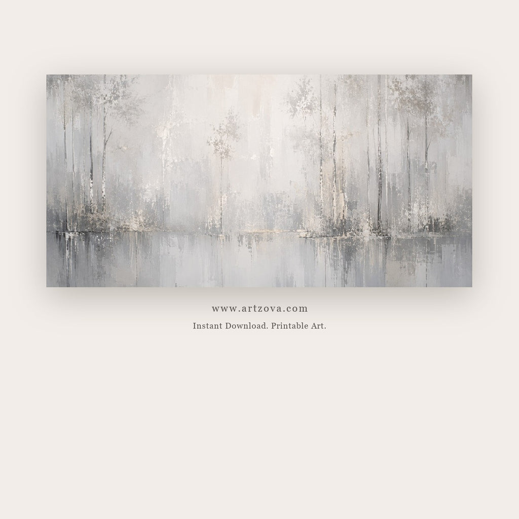 Silver Rain painting - a pale silver abstract horizon with fine vertical marks and mirrored light, in silver gray and ivory