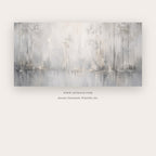 Silver Rain painting - a pale silver abstract horizon with fine vertical marks and mirrored light, in silver gray and ivory