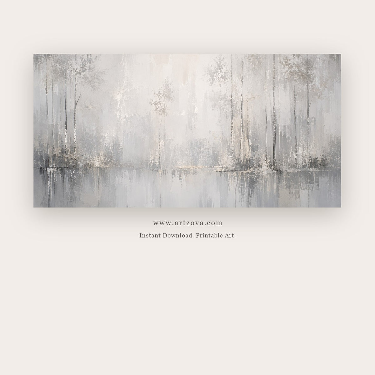 Silver Rain painting - a pale silver abstract horizon with fine vertical marks and mirrored light, in silver gray and ivory