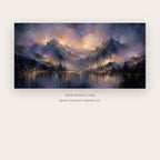 Alpine Afterglow painting - dark mountain peaks and their reflections lit by violet-gold skies, in violet and navy blue