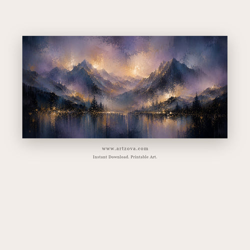 Alpine Afterglow painting - dark mountain peaks and their reflections lit by violet-gold skies, in violet and navy blue