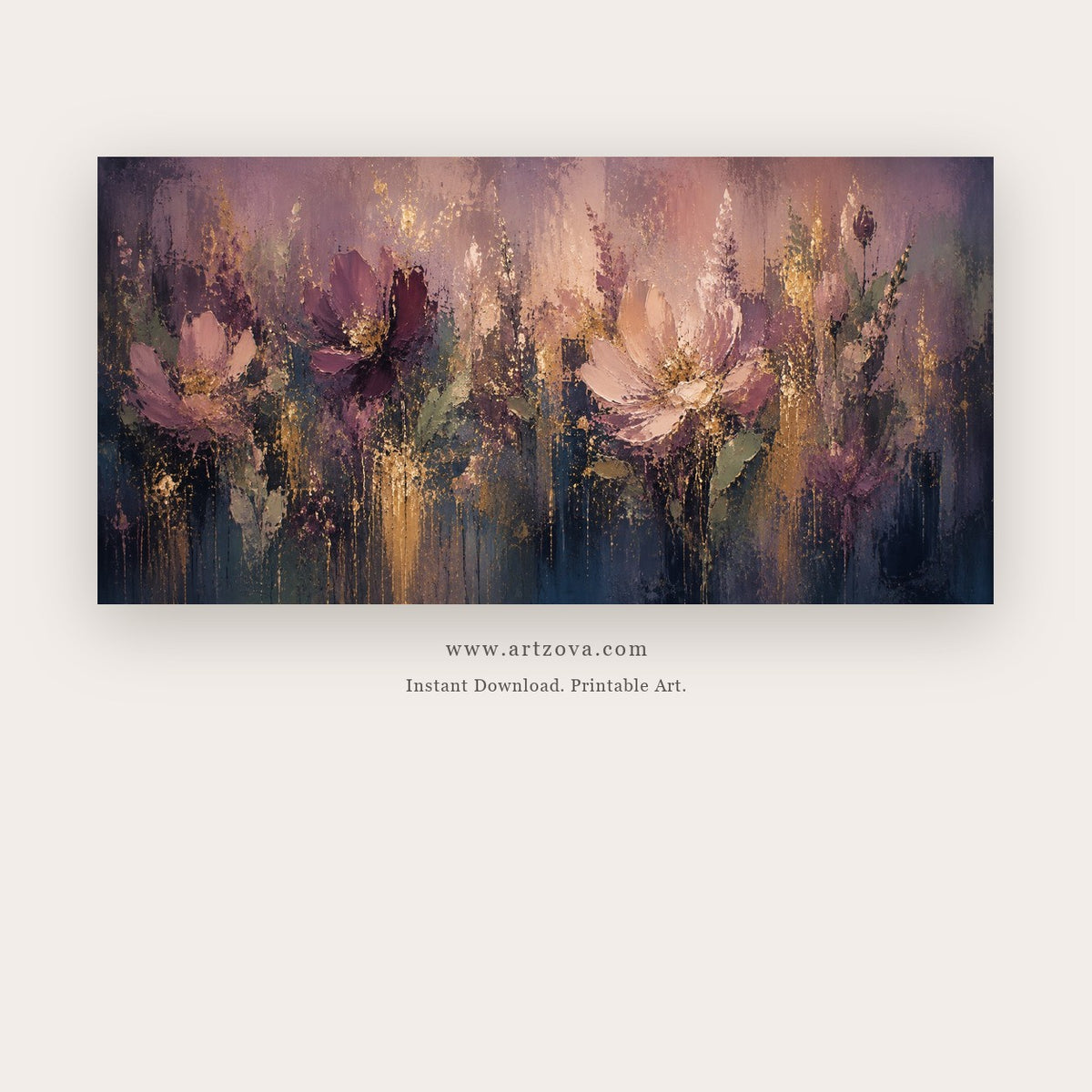Violet Reverie painting - luminous violet and gold brushwork blooming across a dark abstract field, in violet and navy blue