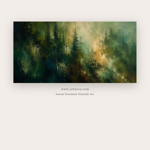 Emerald Awakening painting - deep green atmospheric brushwork illuminated by a warm golden clearing, in emerald green and gold