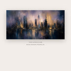 Midnight City painting - a luminous abstract skyline reflected in deep navy water, in navy blue and gold