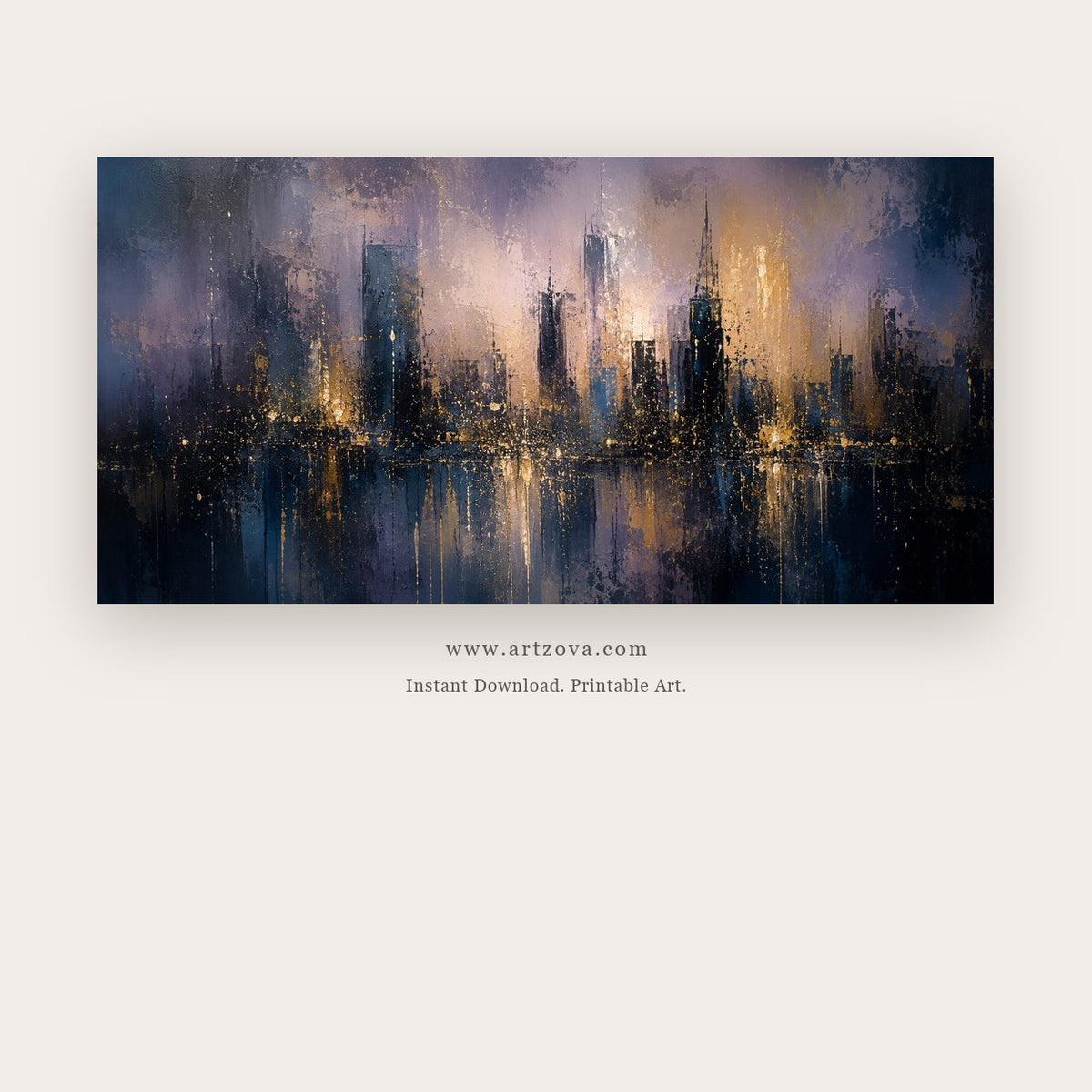 Midnight City painting - a luminous abstract skyline reflected in deep navy water, in navy blue and gold