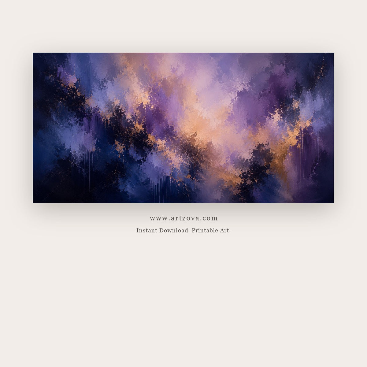 Violet Storm painting - a dramatic violet and gold burst of abstract atmospheric light, in violet and navy blue