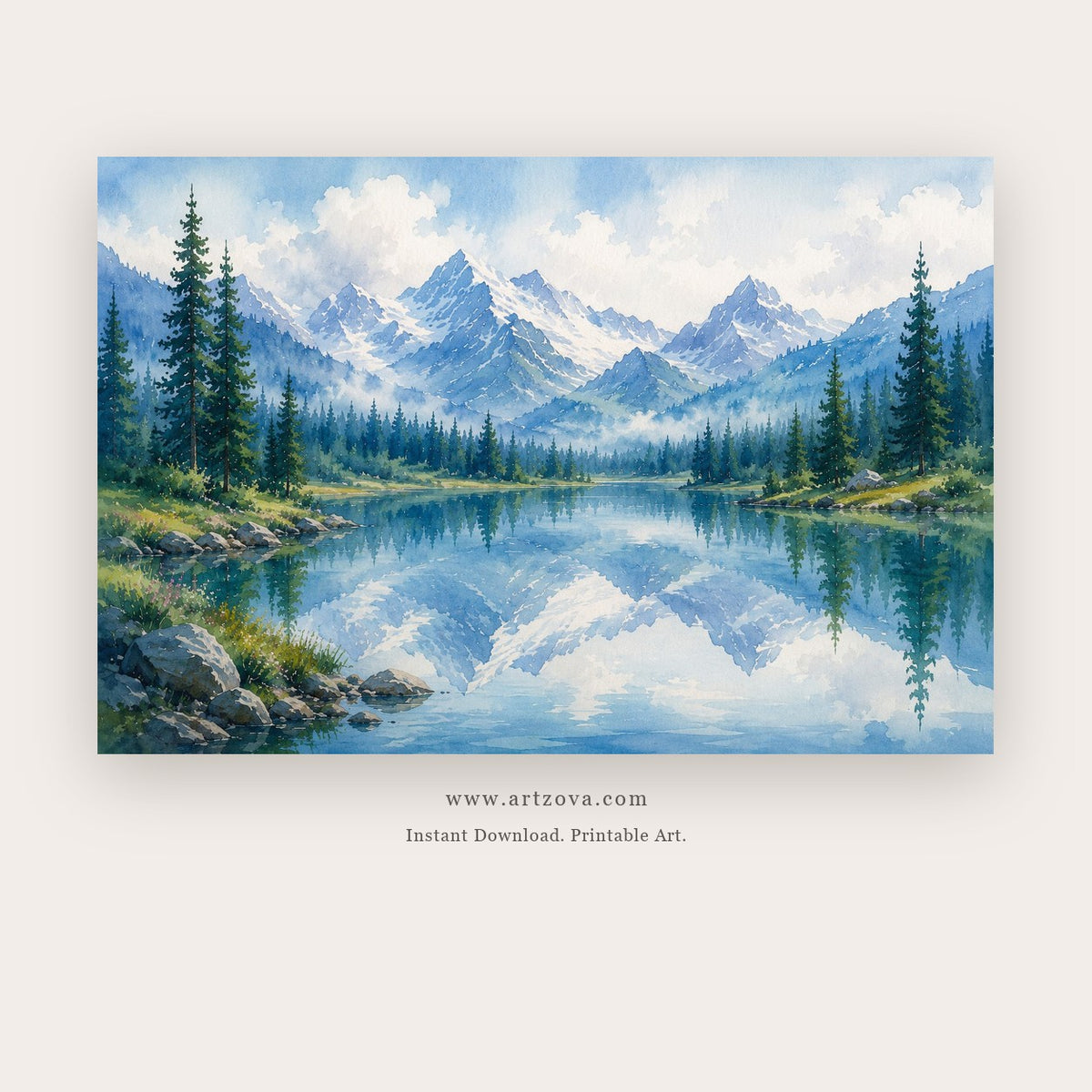 Alpine Mirror painting - snowy blue mountains and evergreen trees reflected in a clear lake, in sky blue and green