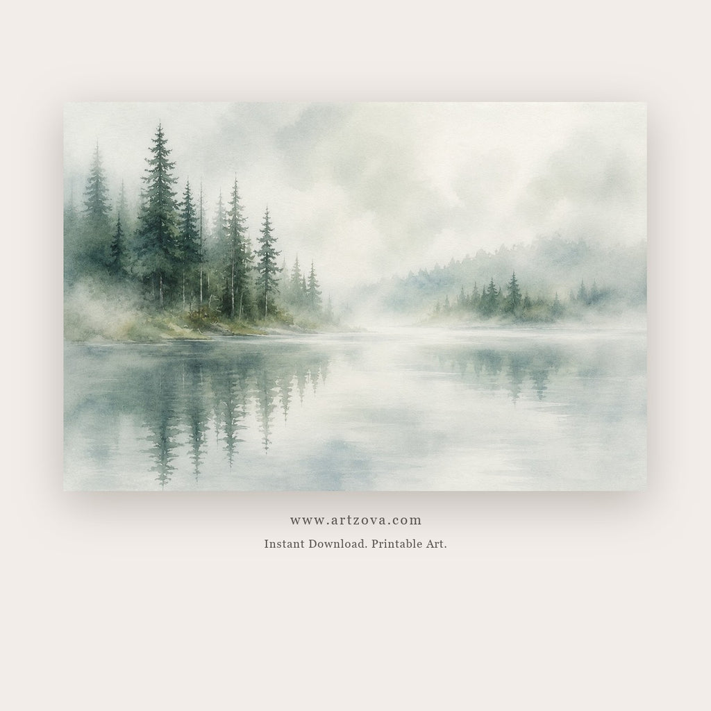 Forest Silence painting - a broad misty lake framed by evergreen woods and soft reflections, in sage green and misty blue