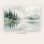 Forest Silence painting - a broad misty lake framed by evergreen woods and soft reflections, in sage green and misty blue