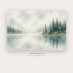Mistwood Lake painting - a quiet pine forest dissolving into mist above reflective water, in misty blue and sage green