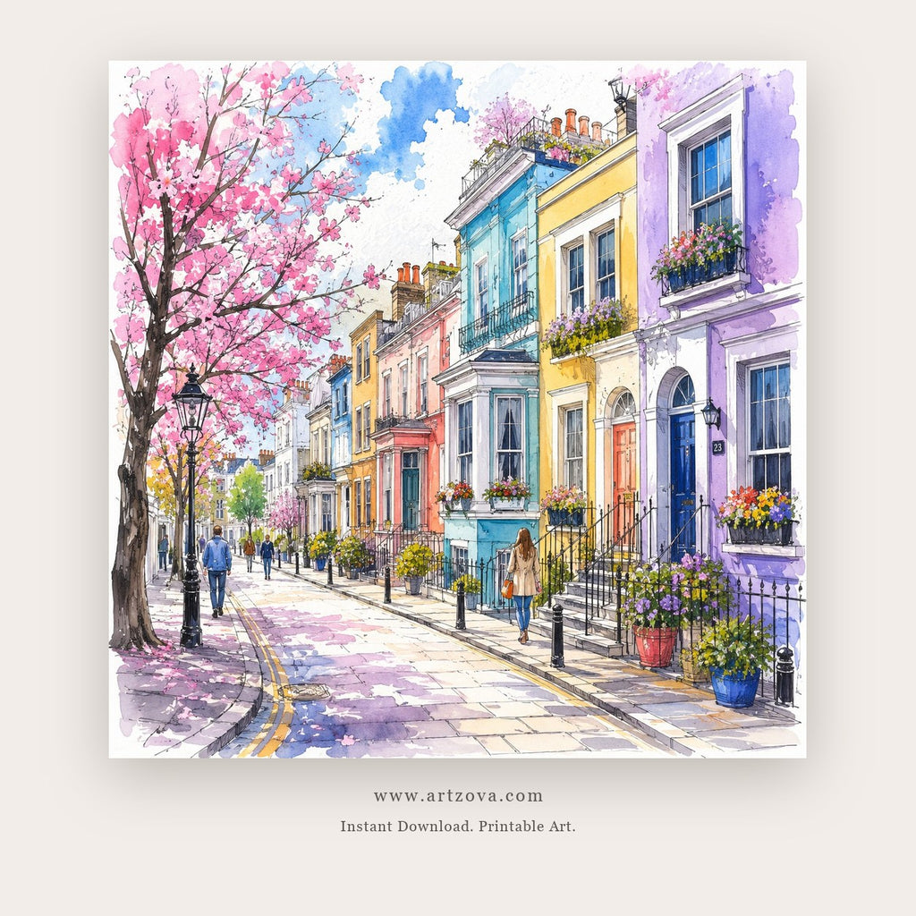 Blossom Street painting - a colorful watercolor street lined with blooming trees and townhouses, in pink and blue