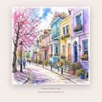 Blossom Street painting - a colorful watercolor street lined with blooming trees and townhouses, in pink and blue