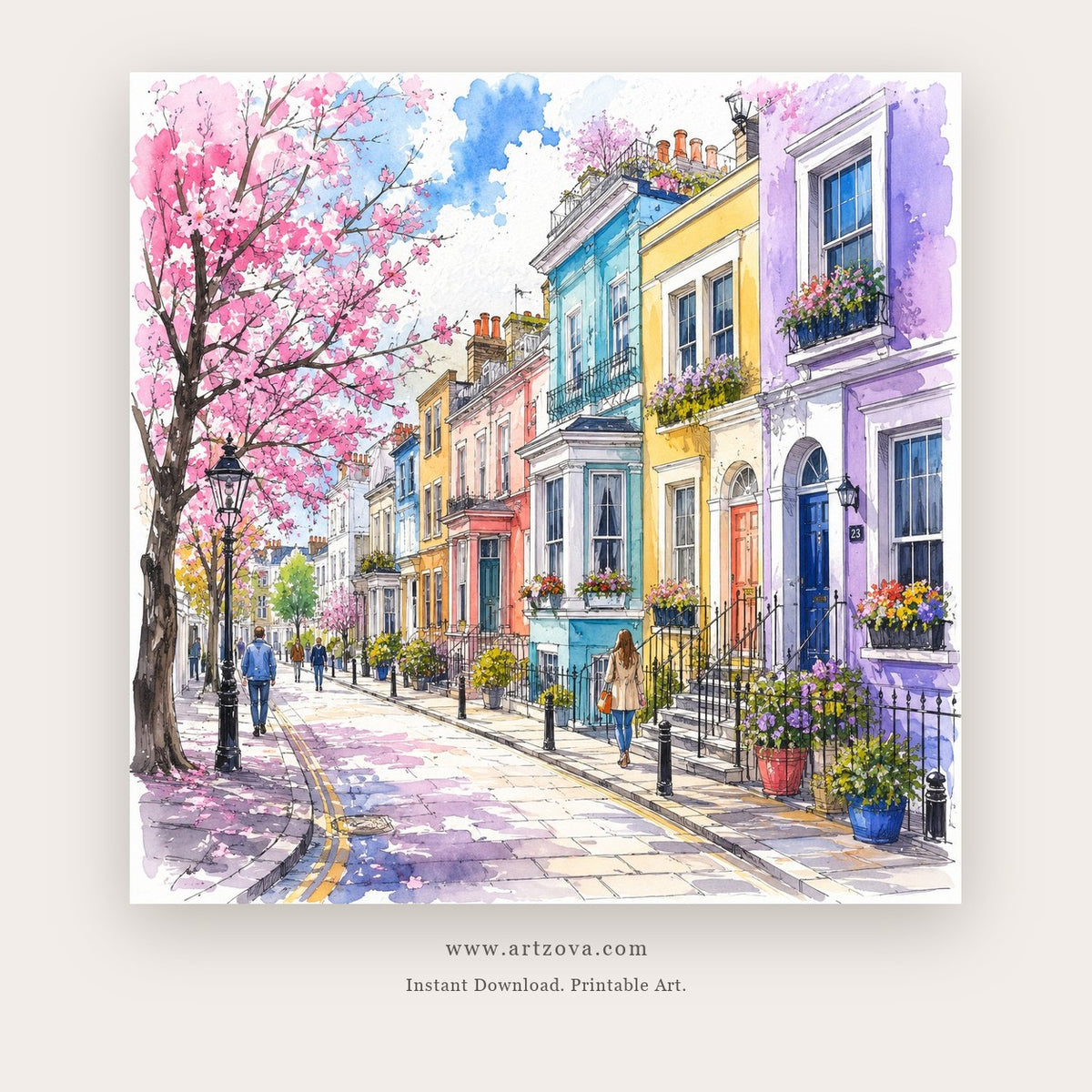 Blossom Street painting - a colorful watercolor street lined with blooming trees and townhouses, in pink and blue