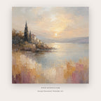 Distant Chapel painting - a small chapel beside calm water beneath a softly glowing sky, in beige and lavender