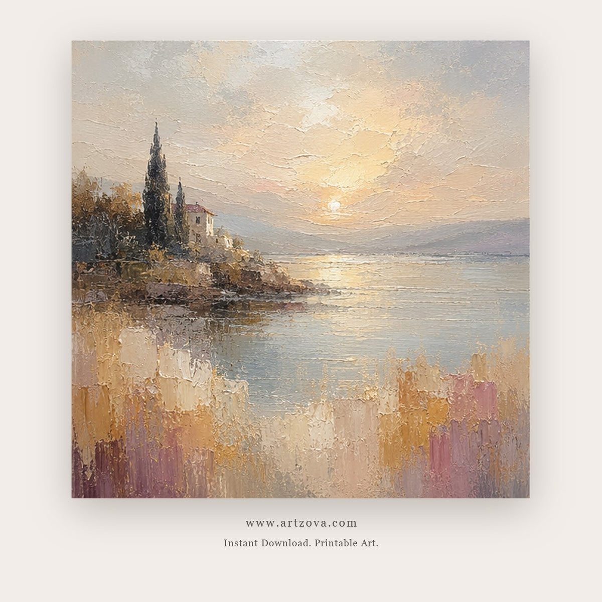 Distant Chapel painting - a small chapel beside calm water beneath a softly glowing sky, in beige and lavender
