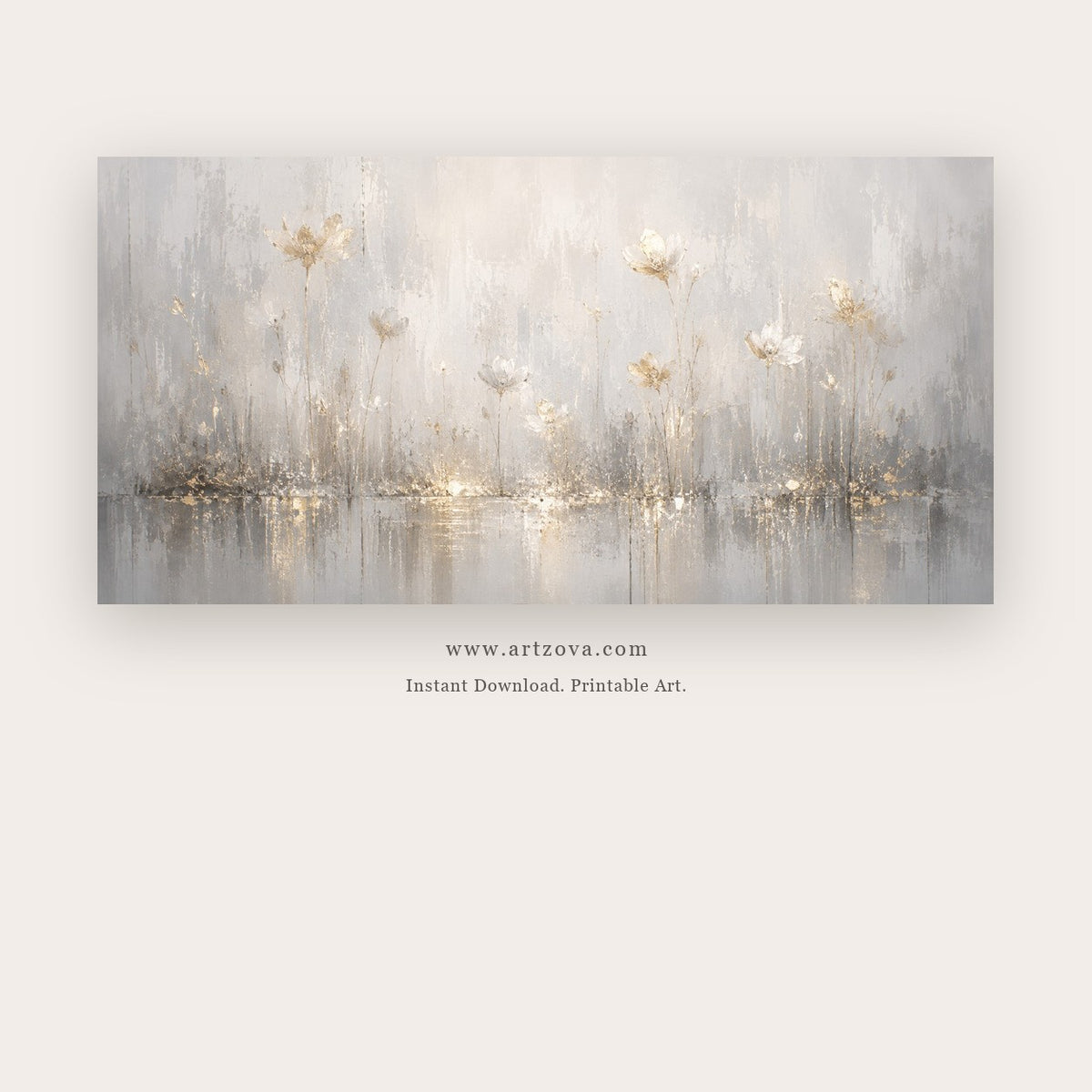 Golden Whispers painting - a misty silver field enlivened by restrained golden botanical marks, in silver gray and gold
