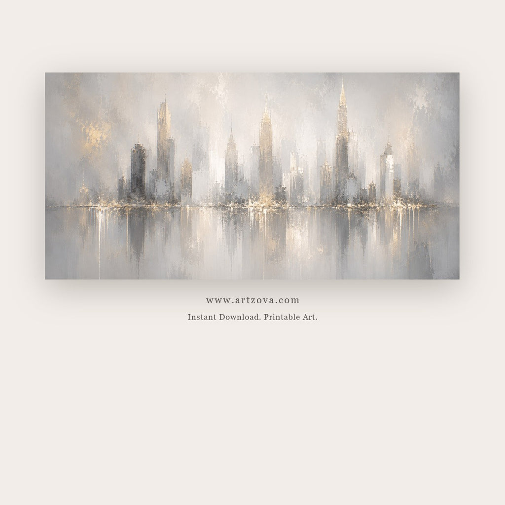 Silver Skyline painting - a misty modern city skyline mirrored in calm silver water, in gray and ivory