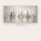 Silver Skyline painting - a misty modern city skyline mirrored in calm silver water, in gray and ivory