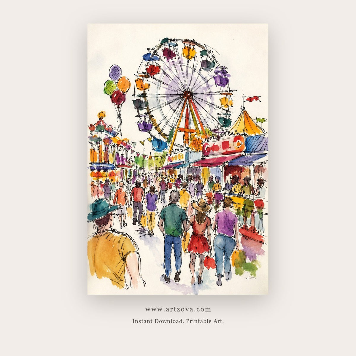 Carnival Days painting 1 of 3 - a lively watercolor scene of fairground rides and crowds, in white and coral