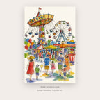 Carnival Days painting 2 of 3 - a lively watercolor scene of fairground rides and crowds, in white and coral