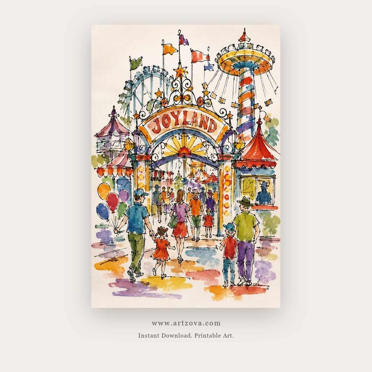 Carnival Days painting 3 of 3 - a lively watercolor scene of fairground rides and crowds, in white and coral