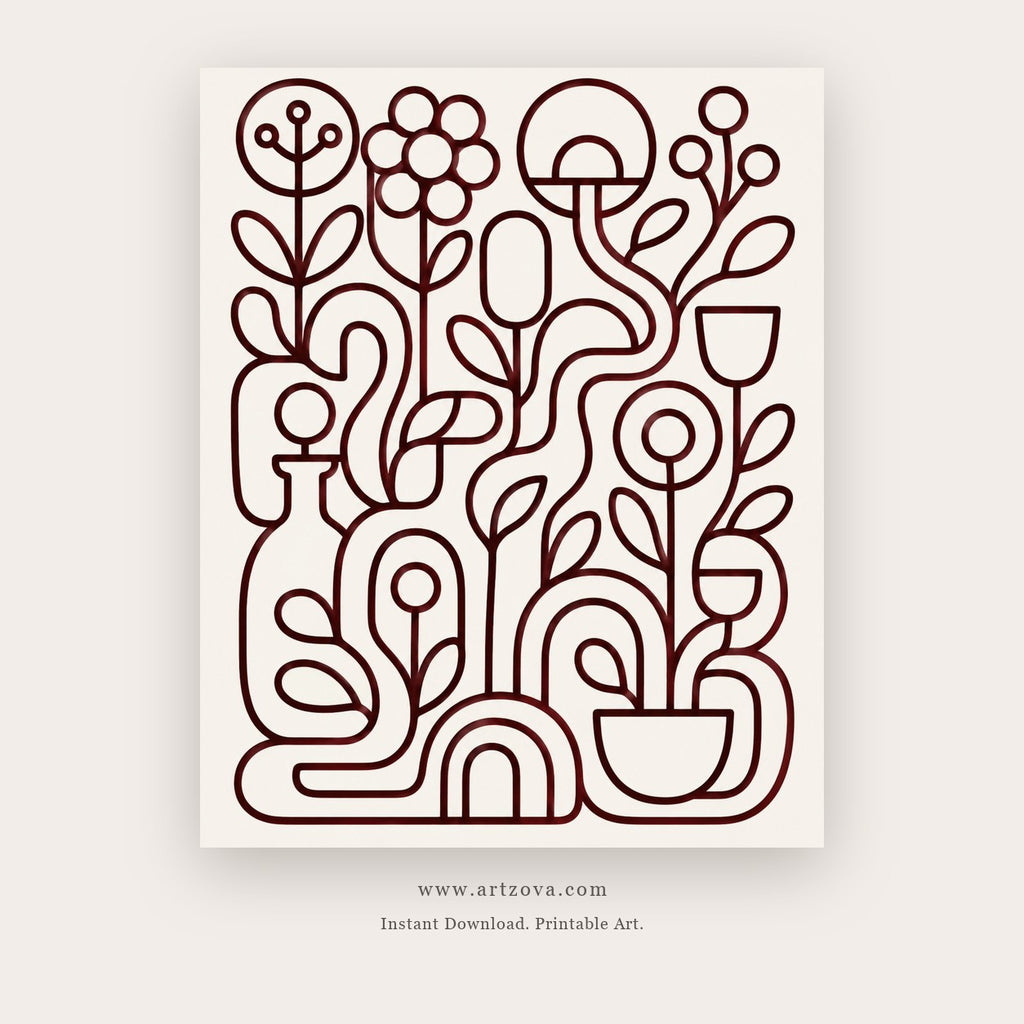 Garden Lines painting 1 of 3 - a continuous burgundy line drawing of flowers and leaves, in burgundy and ivory