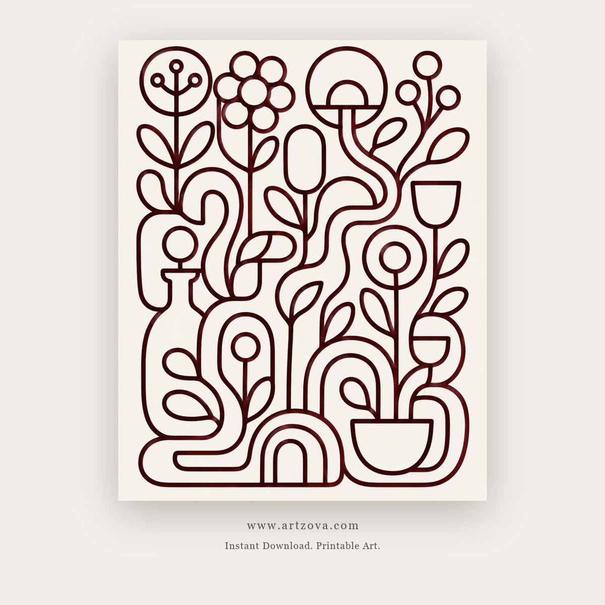 Garden Lines painting 1 of 3 - a continuous burgundy line drawing of flowers and leaves, in burgundy and ivory