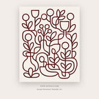 Garden Lines painting 2 of 3 - a continuous burgundy line drawing of flowers and leaves, in burgundy and ivory