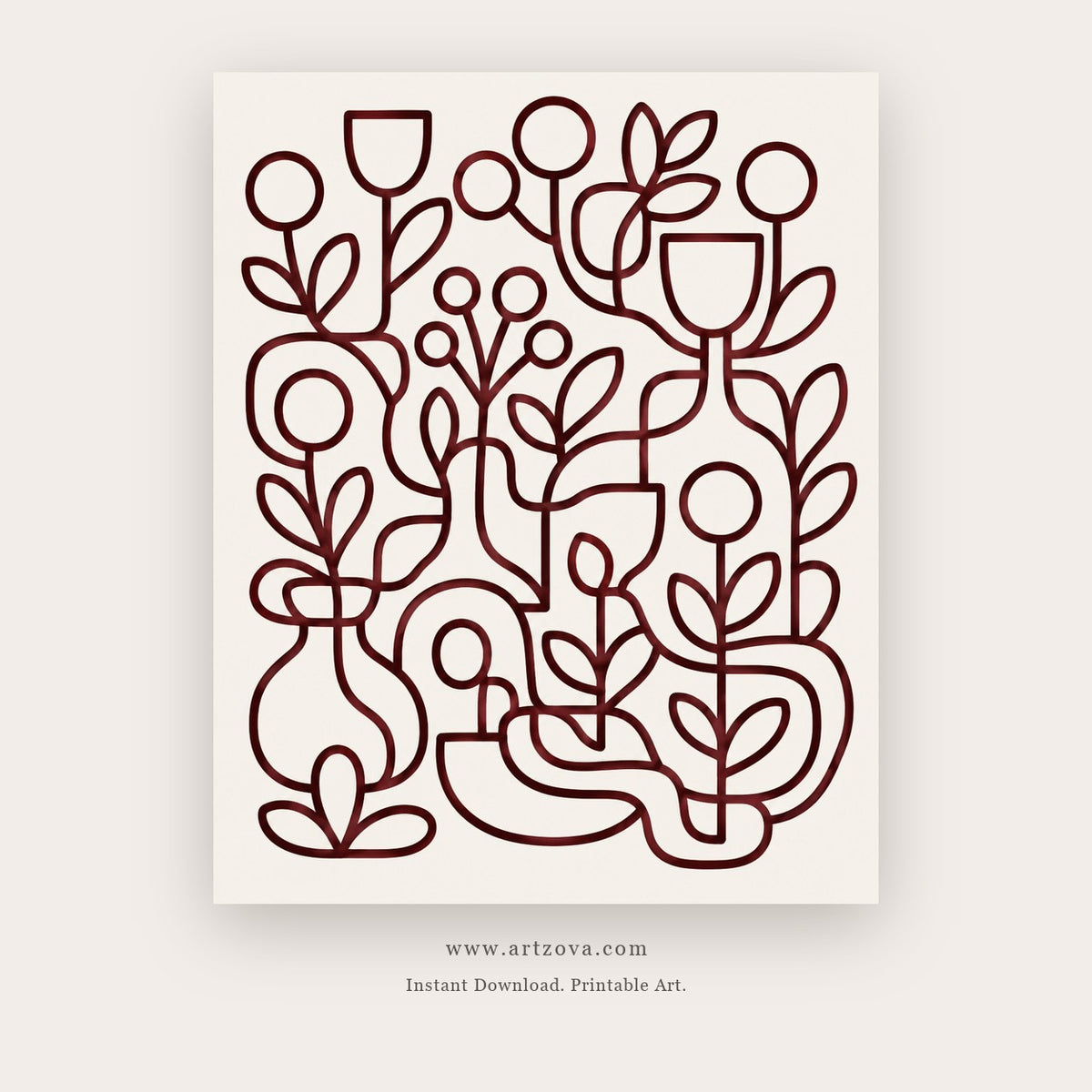 Garden Lines painting 2 of 3 - a continuous burgundy line drawing of flowers and leaves, in burgundy and ivory