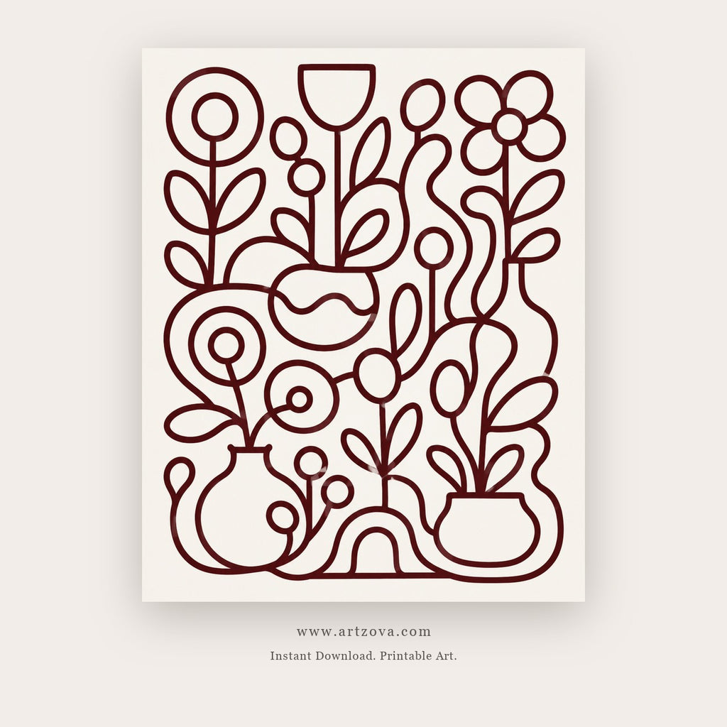 Garden Lines painting 3 of 3 - a continuous burgundy line drawing of flowers and leaves, in burgundy and ivory
