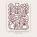 Garden Lines painting 3 of 3 - a continuous burgundy line drawing of flowers and leaves, in burgundy and ivory