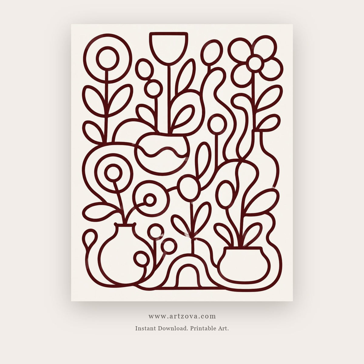 Garden Lines painting 3 of 3 - a continuous burgundy line drawing of flowers and leaves, in burgundy and ivory