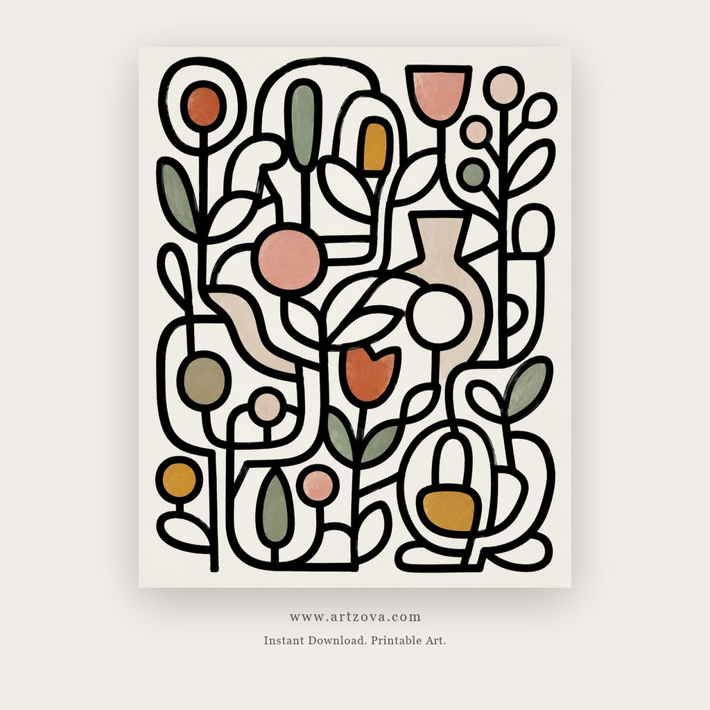 Joyful Garden painting 1 of 3 - a playful black line garden filled with small coral and ochre shapes, in ivory and black