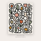 Joyful Garden painting 1 of 3 - a playful black line garden filled with small coral and ochre shapes, in ivory and black