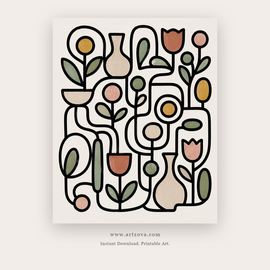 Joyful Garden painting 2 of 3 - a playful black line garden filled with small coral and ochre shapes, in ivory and black