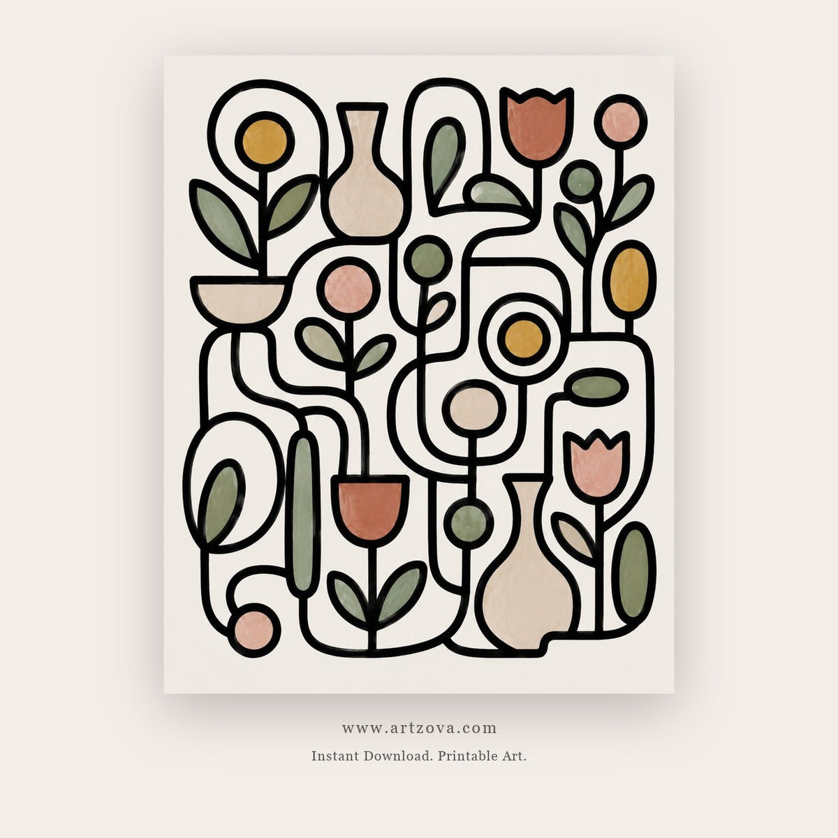 Joyful Garden painting 2 of 3 - a playful black line garden filled with small coral and ochre shapes, in ivory and black
