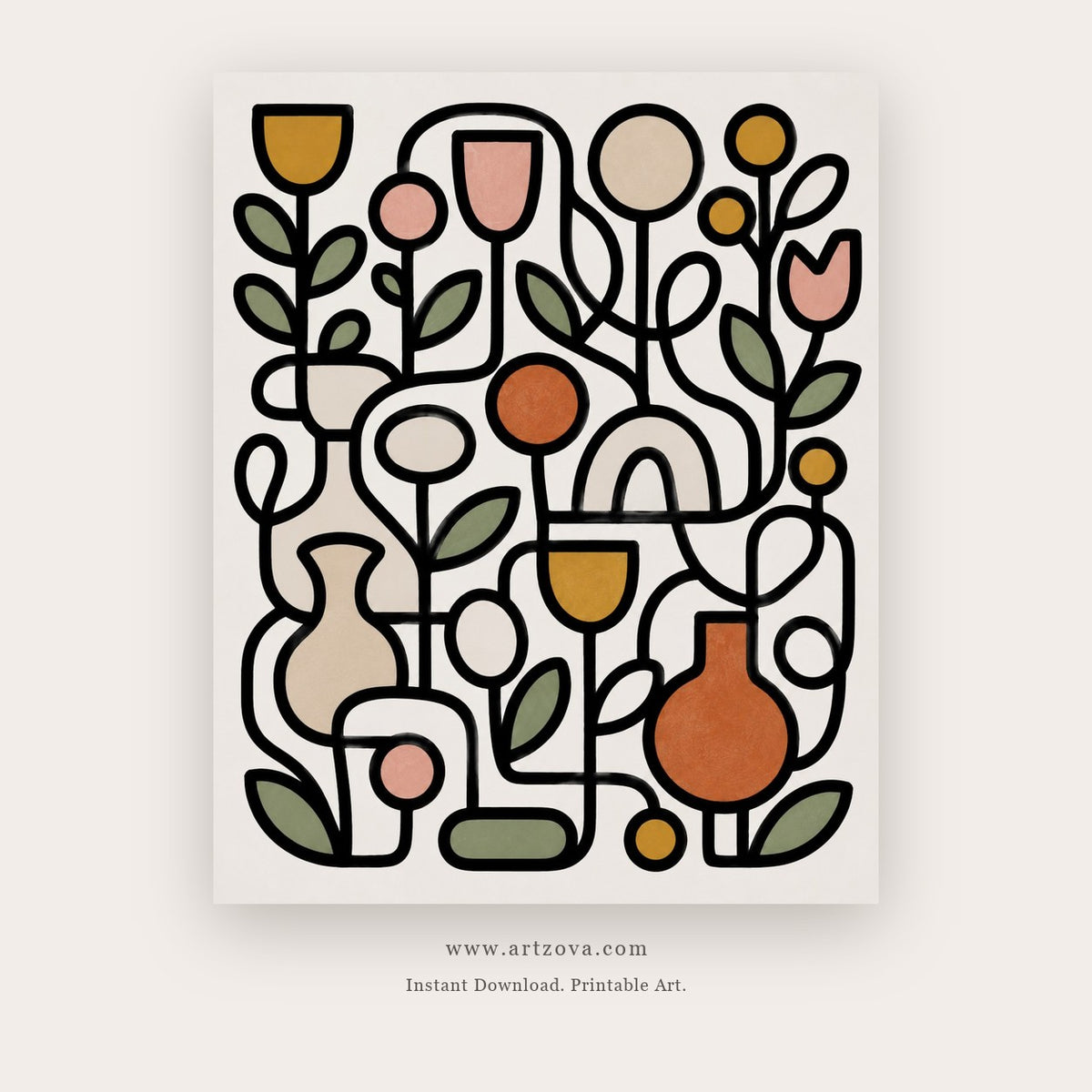 Joyful Garden painting 3 of 3 - a playful black line garden filled with small coral and ochre shapes, in ivory and black