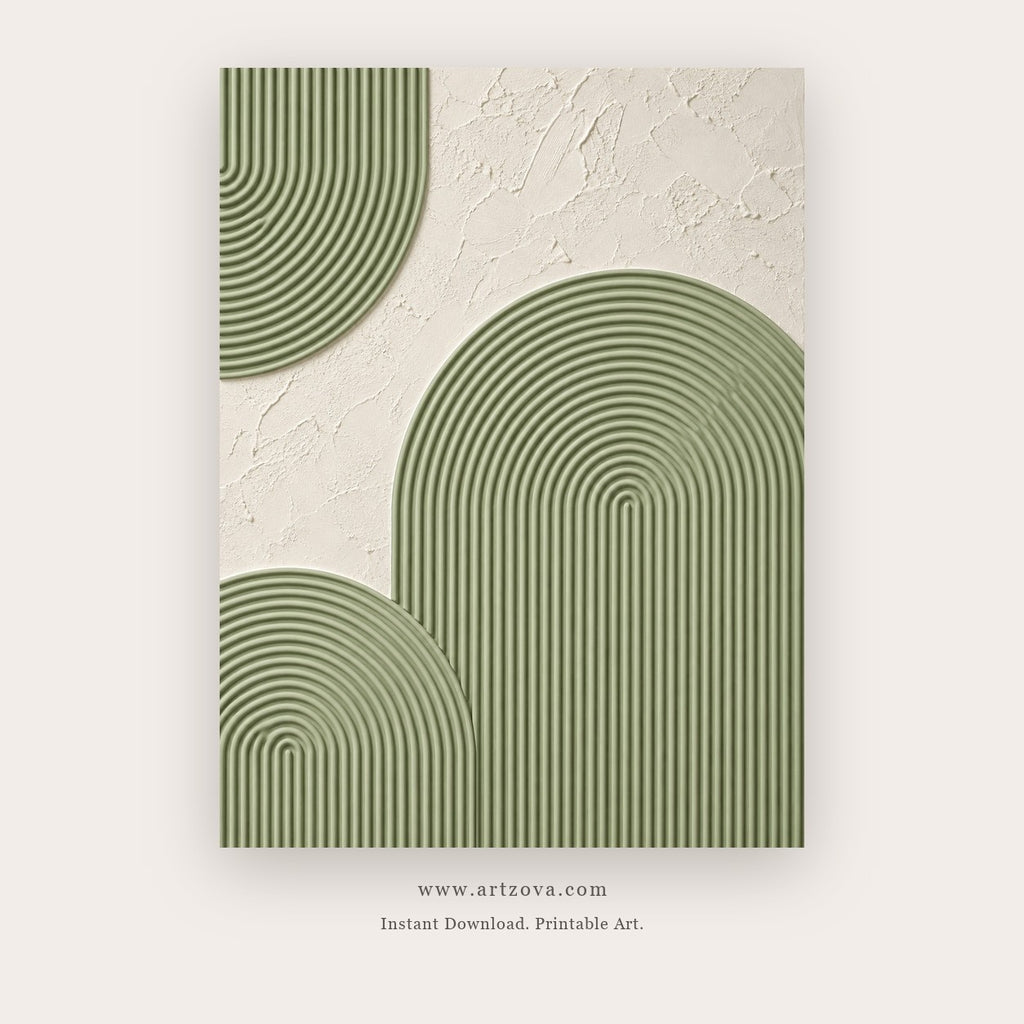 Quiet Arches painting 1 of 3 - a restrained arch study with fine contour lines in neutral hues, in beige and sage green